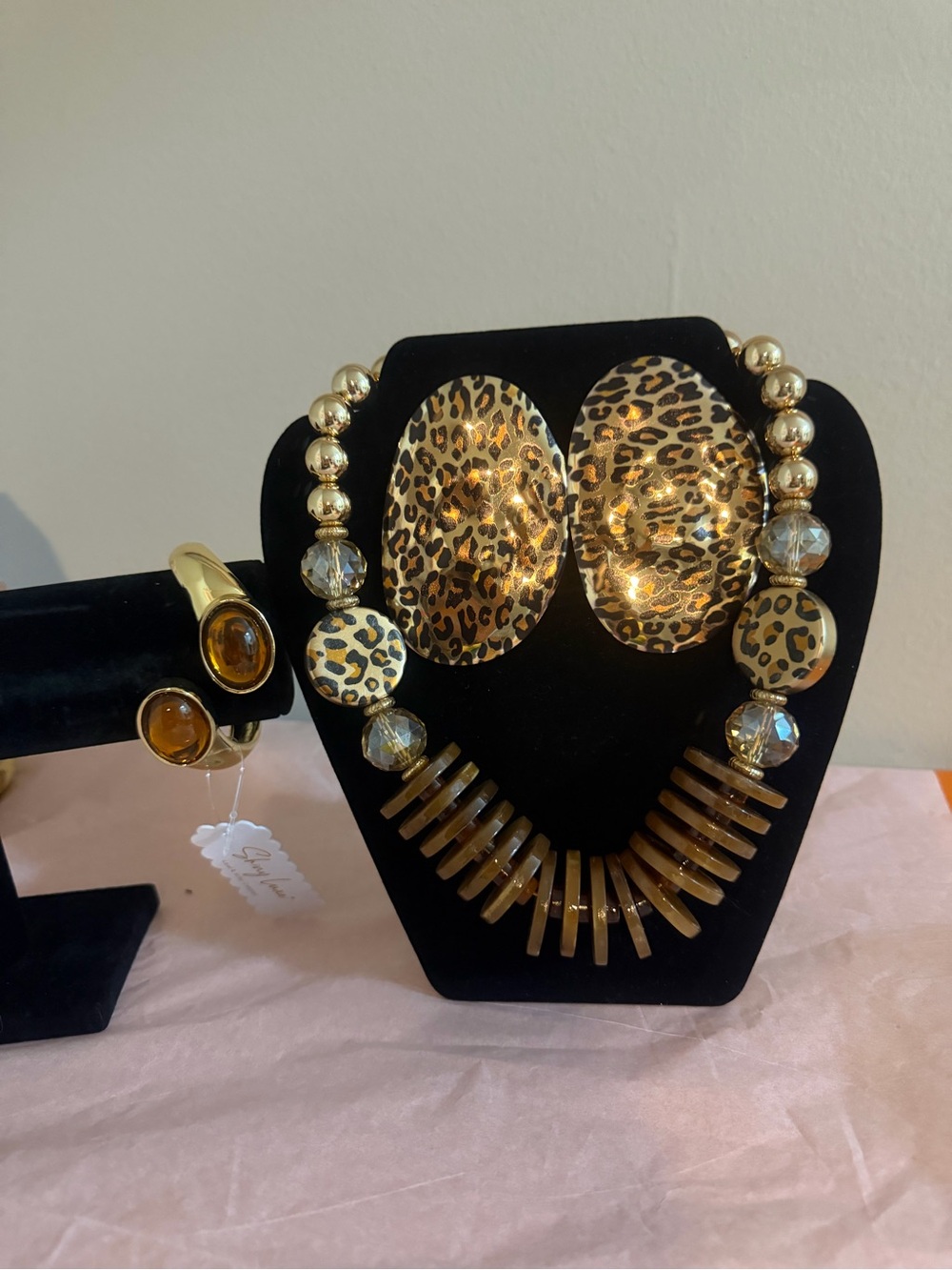 Gold-Tone Leopard Print Statement Necklace, Bracelet & Earrings Set